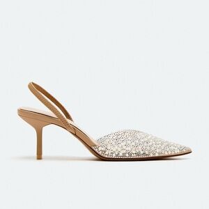 Zara: White and Tan Pearl Embellished Slingback Heels